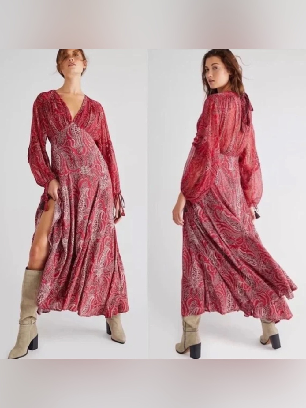 Free People Red Paisley V-Neck Maxi Dress